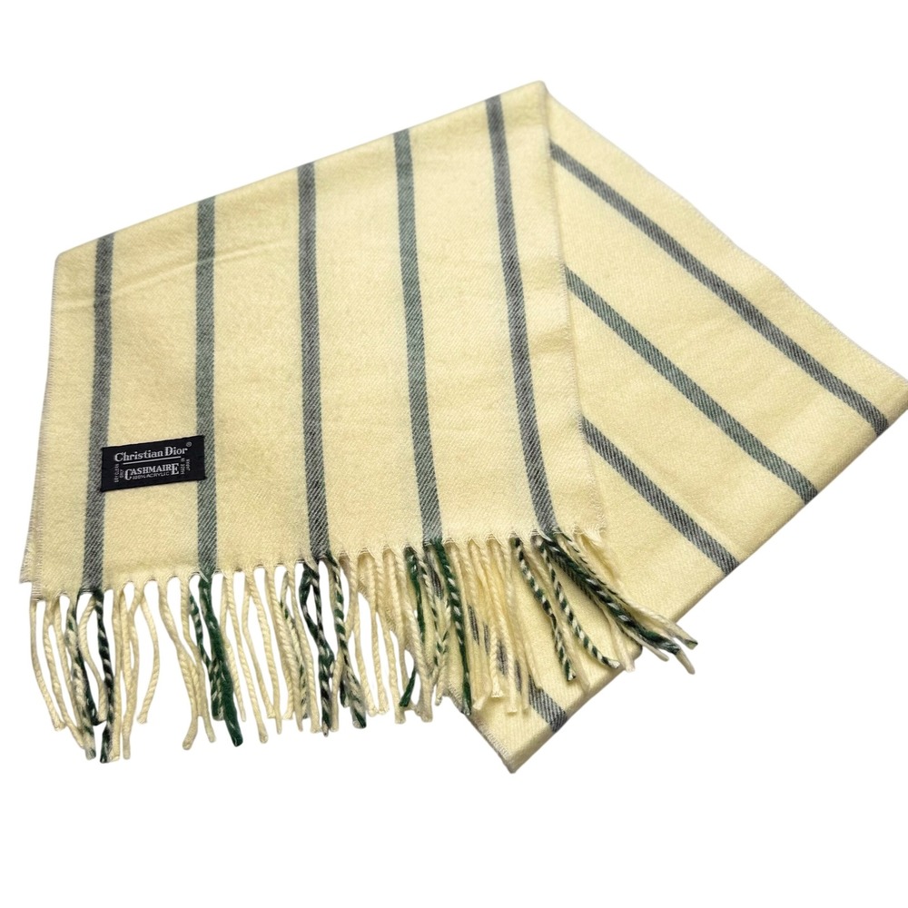 VTG Christian Dior Scarf Yellow Green Striped Cashmaire Acrylic Dior 80s Rare
